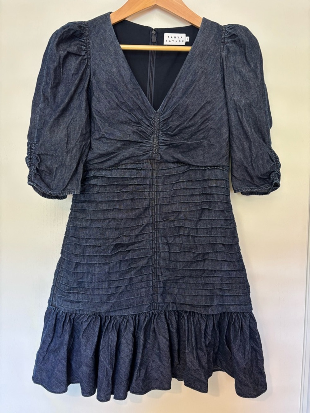 Tanya Taylor Pansy Mini Dress Size 2 Ruched Denim Americana Ruffle Tier Flounce - Picture 2 of 15